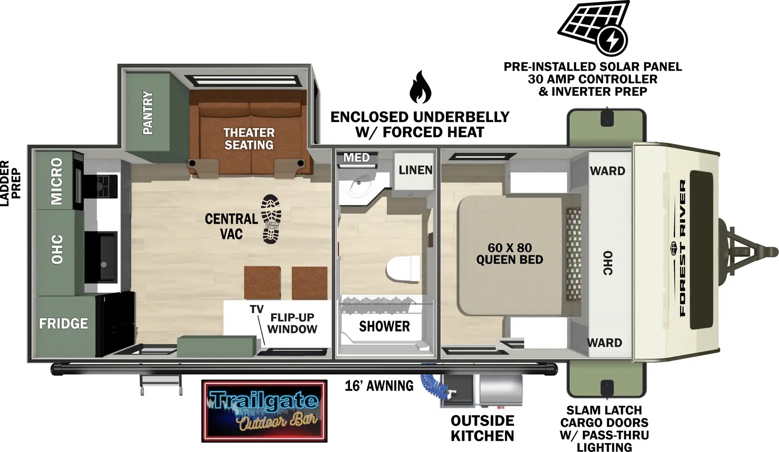 The No Boundaries NB19.0 floorplan has one entry and one slide out. Exterior features include: fiberglass exterior, 12' awning and outside kitchen. Interiors features include: rear kitchen, front bedroom and pass through bathroom.